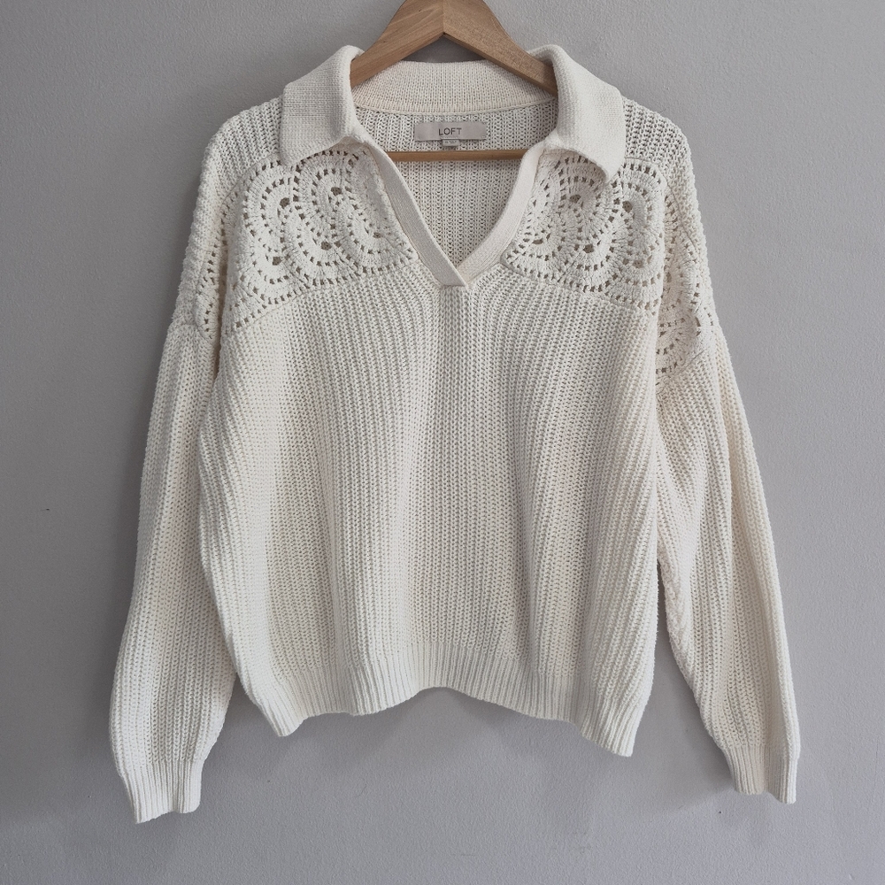 Loft Crochet Yoke Split Neck Off-white Knit Sweater Size XL